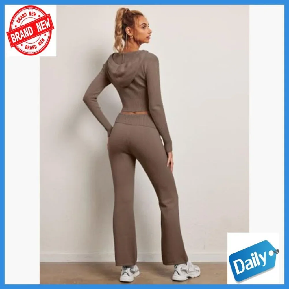 Slim Fit Zip Hoodie Flare Leg Pants Set Medium Ribbed Knit Sweatsuit